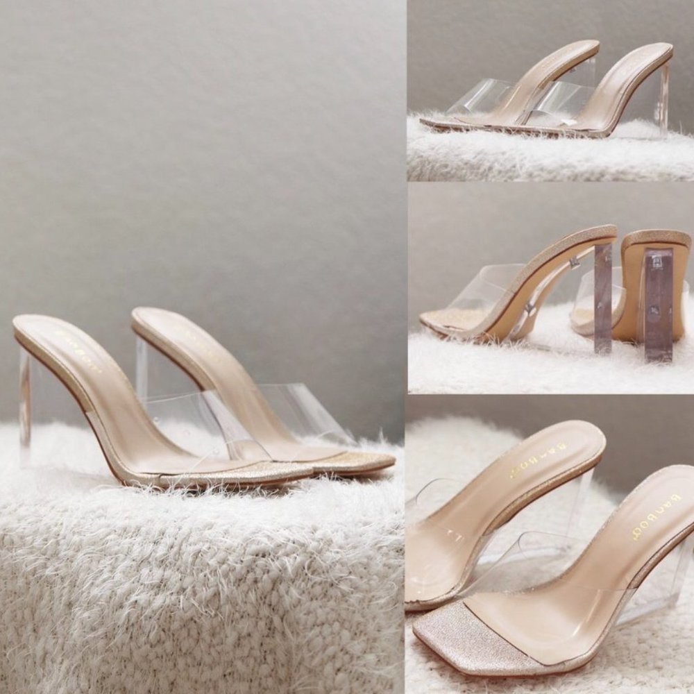 NEW Clear Transparent Wedge Slip On Square Toe Mule Sandal Heels Champagne Gold - Picture 4 of 8